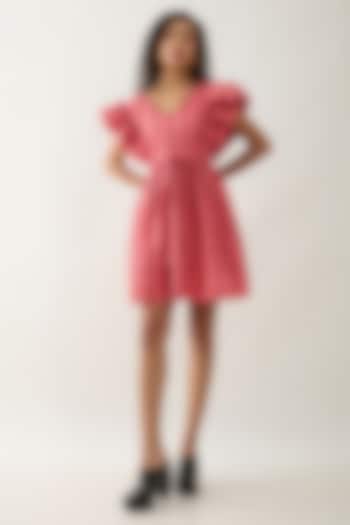 Salmon Pink & Red Cotton Satin Printed Pleated Mini Summer Dress by SNOB at Pernia's Pop Up Shop
