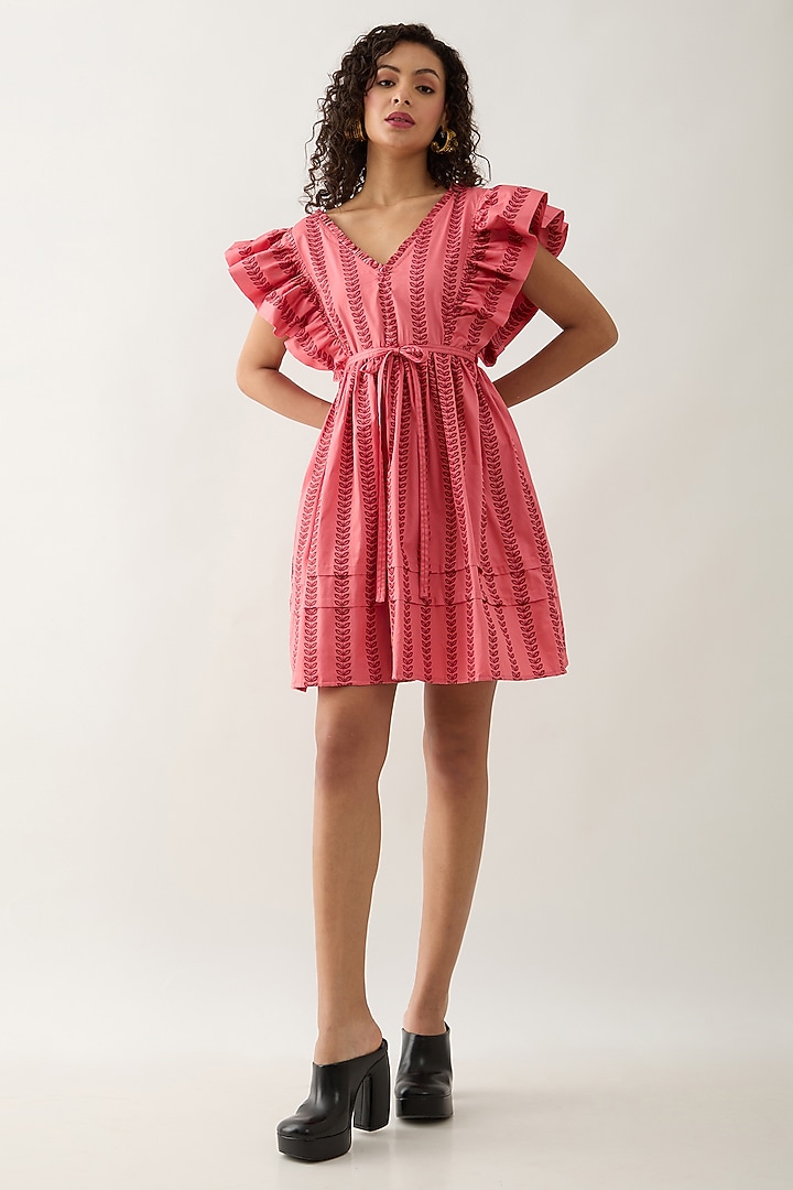 Salmon Pink & Red Cotton Satin Printed Pleated Mini Summer Dress by SNOB at Pernia's Pop Up Shop