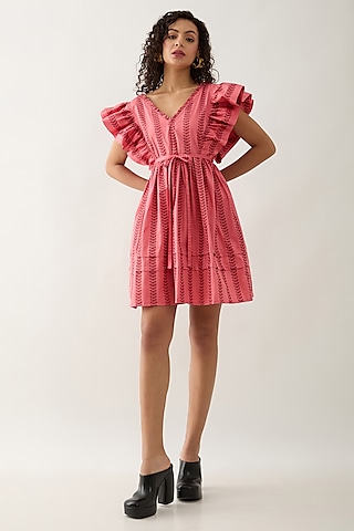 Salmon Pink & Red Cotton Satin Printed Pleated Mini Dress by SNOB