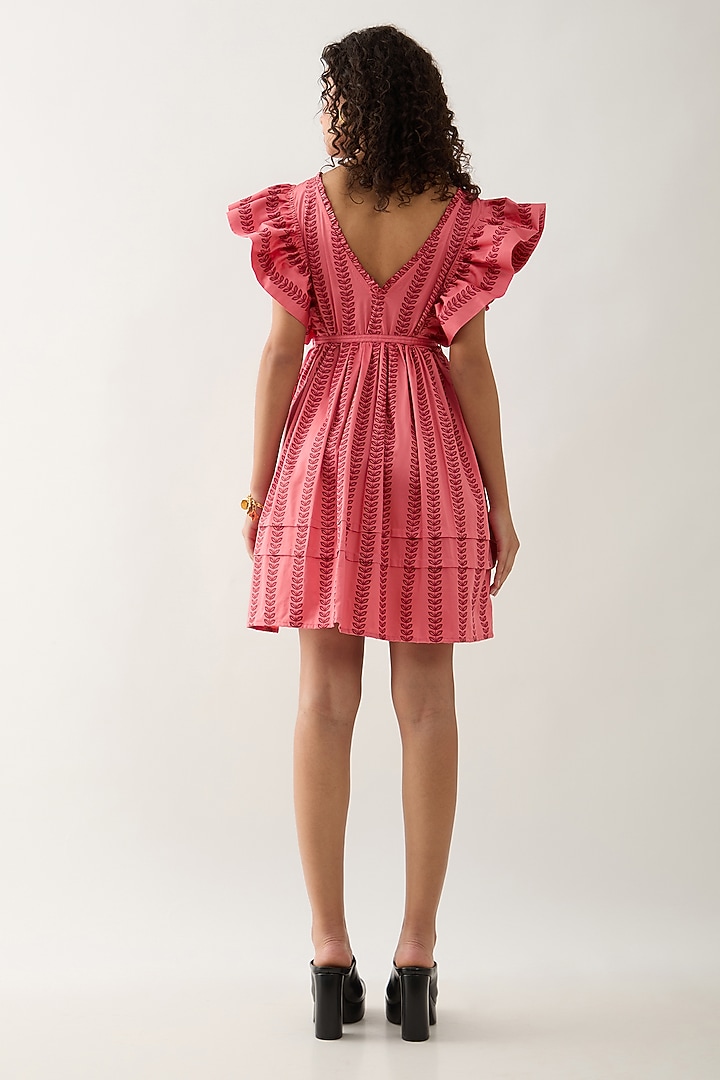 Salmon Pink & Red Cotton Satin Printed Pleated Mini Summer Dress by SNOB at Pernia's Pop Up Shop