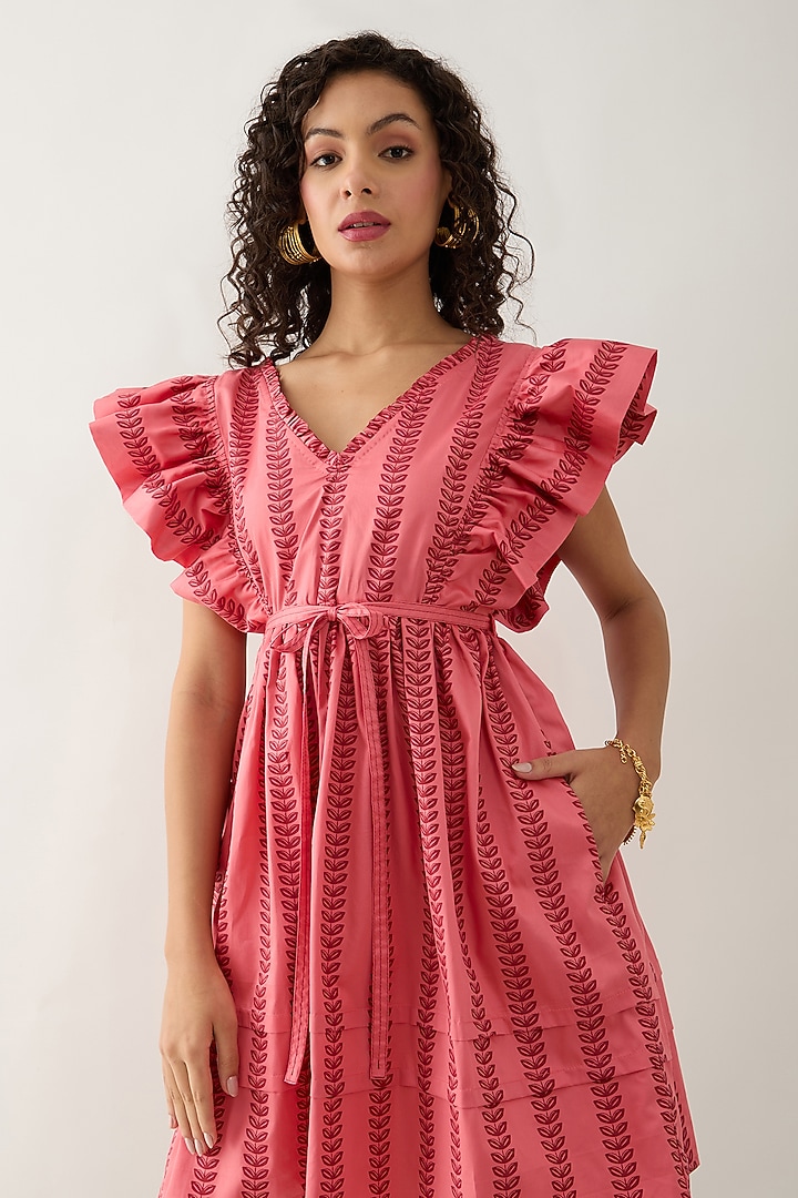 Salmon Pink & Red Cotton Satin Printed Pleated Mini Summer Dress by SNOB at Pernia's Pop Up Shop