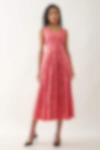Salmon Pink & Red Cotton Satin Printed Pleated Midi Vacation Dress by SNOB at Pernia's Pop Up Shop
