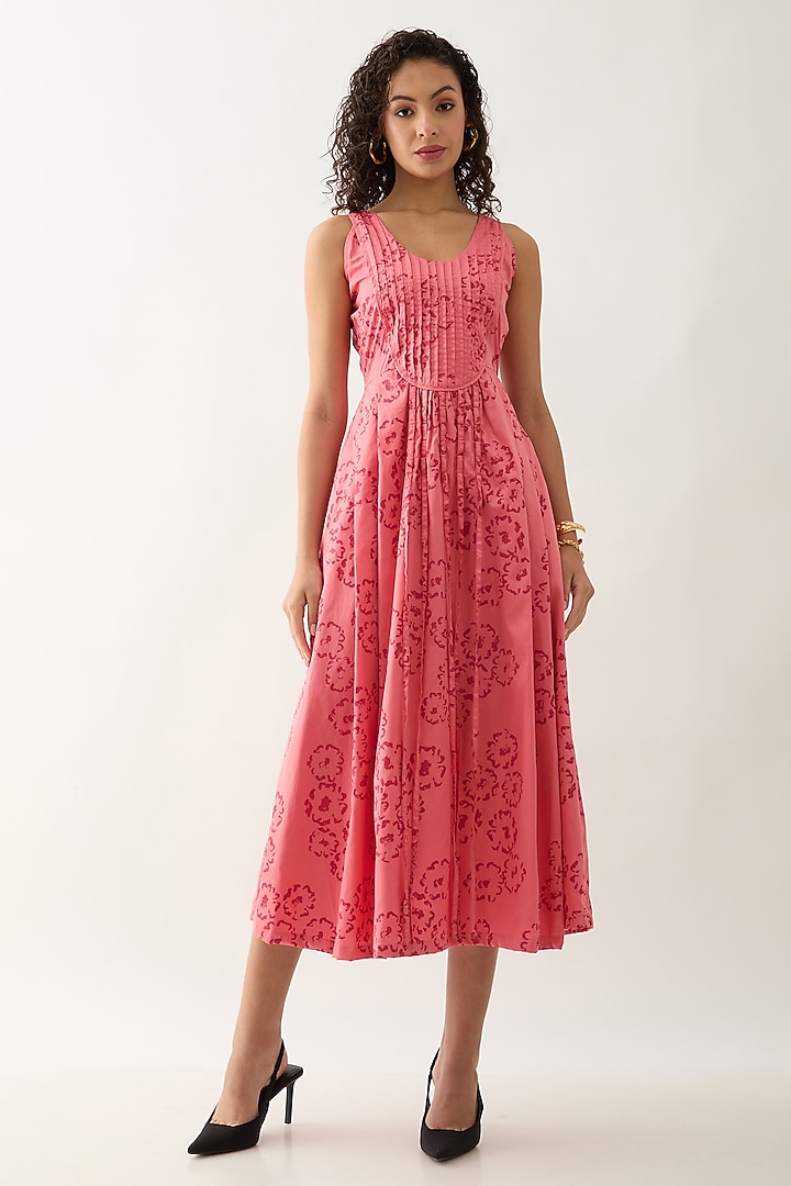 Salmon Pink & Red Cotton Satin Printed Pleated Midi Vacation Dress by SNOB at Pernia's Pop Up Shop