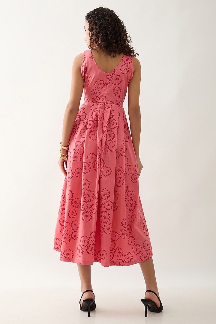 Salmon Pink & Red Cotton Satin Printed Pleated Midi Vacation Dress by SNOB at Pernia's Pop Up Shop