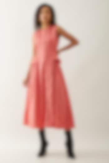 Salmon Pink & Red Cotton Satin Printed Midi Vacation Dress by SNOB at Pernia's Pop Up Shop