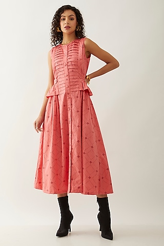 Salmon Pink & Red Cotton Satin Printed Midi Dress by SNOB