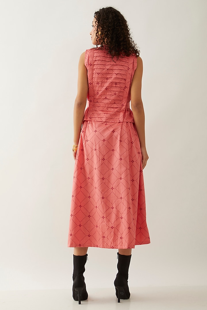 Salmon Pink & Red Cotton Satin Printed Midi Vacation Dress by SNOB at Pernia's Pop Up Shop
