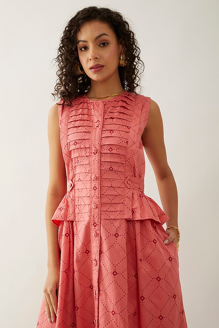 Salmon Pink & Red Cotton Satin Printed Midi Vacation Dress by SNOB at Pernia's Pop Up Shop