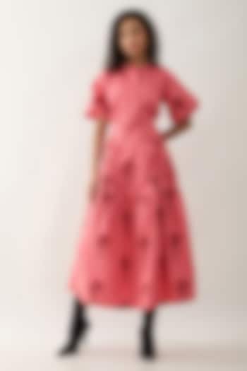 Salmon Pink & Red Cotton Satin Ruched Midi Summer Dress by SNOB at Pernia's Pop Up Shop