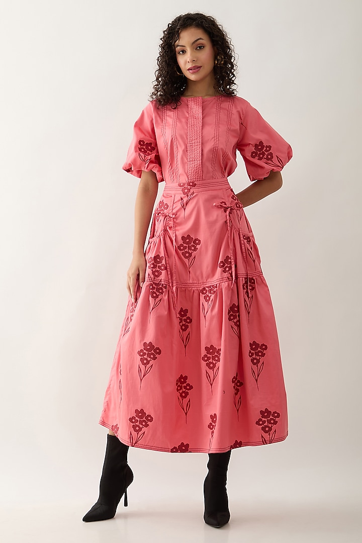 Salmon Pink & Red Cotton Satin Ruched Midi Summer Dress by SNOB at Pernia's Pop Up Shop