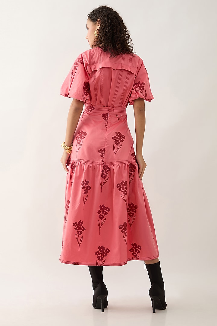 Salmon Pink & Red Cotton Satin Ruched Midi Summer Dress by SNOB at Pernia's Pop Up Shop