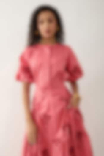 Salmon Pink & Red Cotton Satin Printed Shirt by SNOB at Pernia's Pop Up Shop