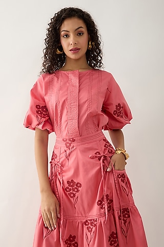 Salmon Pink & Red Cotton Satin Printed Shirt by SNOB