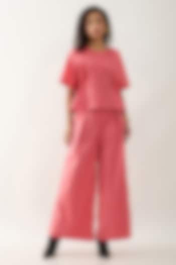 Salmon Pink & Red Cotton Satin Printed Co-Ord Set by SNOB at Pernia's Pop Up Shop