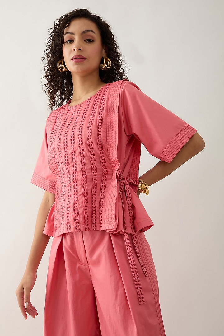 Salmon Pink & Red Cotton Satin Printed Co-Ord Set by SNOB at Pernia's Pop Up Shop