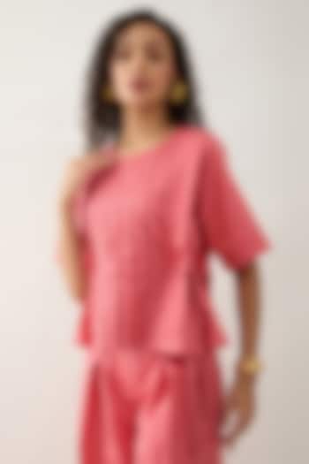 Salmon Pink & Red Cotton Satin Printed Shirt by SNOB at Pernia's Pop Up Shop