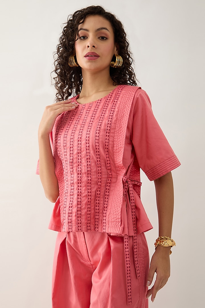 Salmon Pink & Red Cotton Satin Printed Shirt by SNOB at Pernia's Pop Up Shop