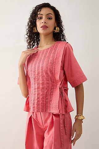Salmon Pink & Red Cotton Satin Printed Shirt by SNOB