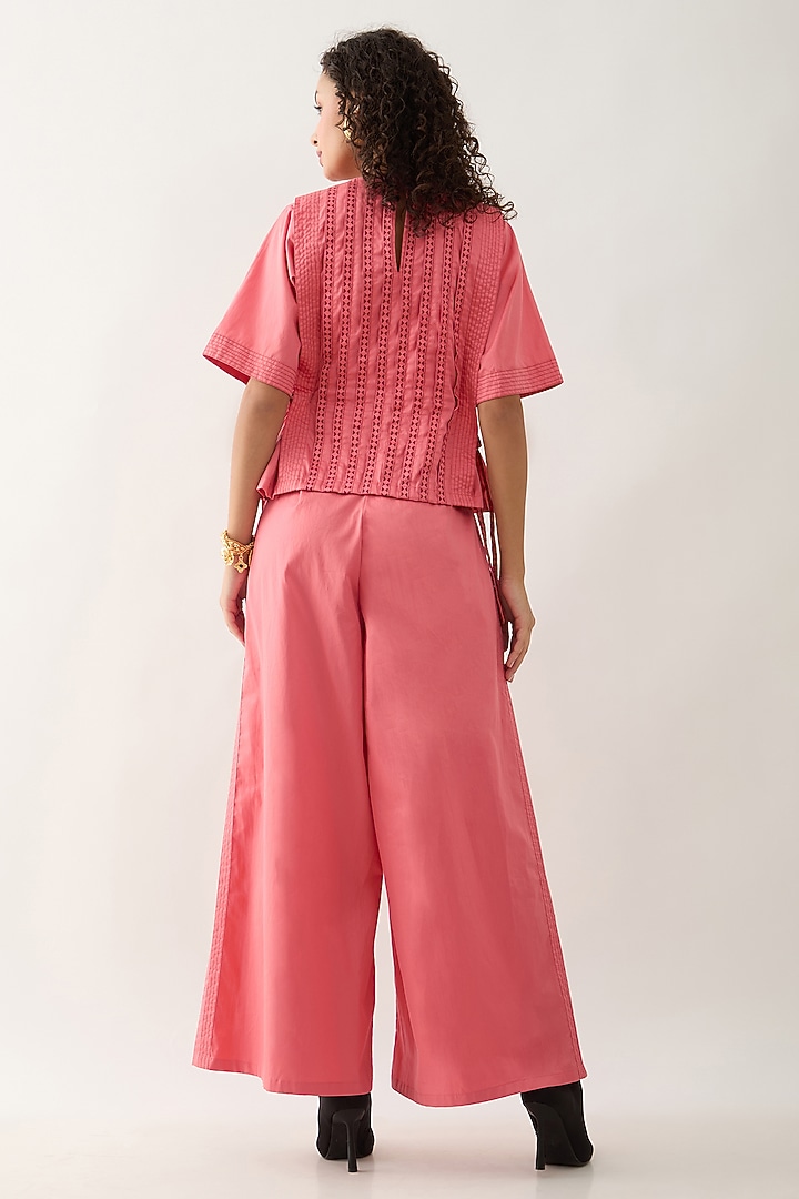 Salmon Pink & Red Cotton Satin Printed Shirt by SNOB at Pernia's Pop Up Shop
