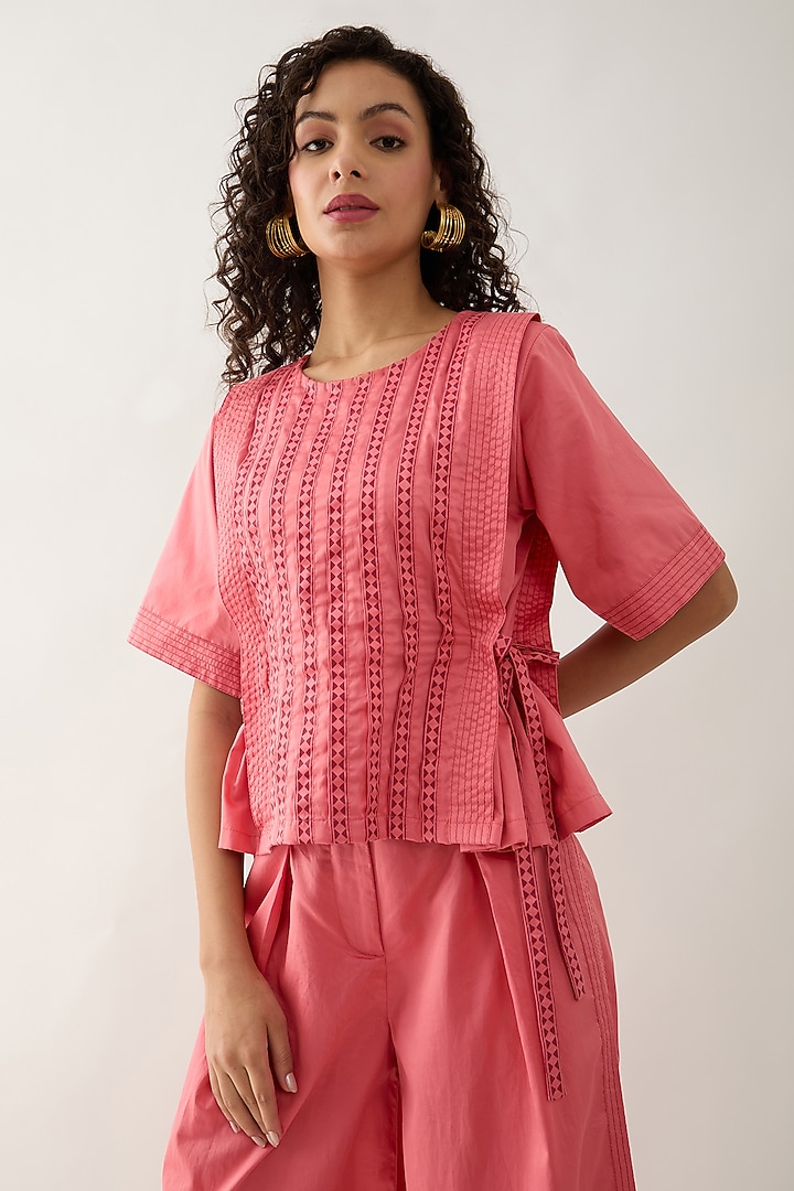 Salmon Pink & Red Cotton Satin Printed Shirt by SNOB at Pernia's Pop Up Shop