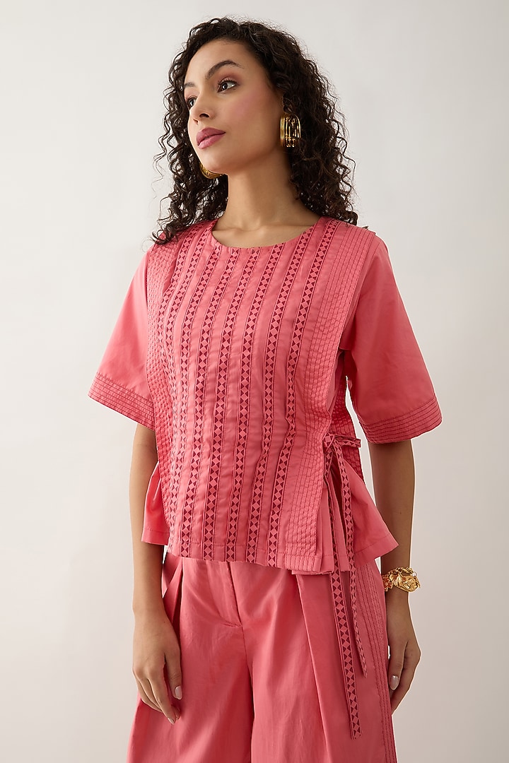Salmon Pink & Red Cotton Satin Printed Shirt by SNOB at Pernia's Pop Up Shop