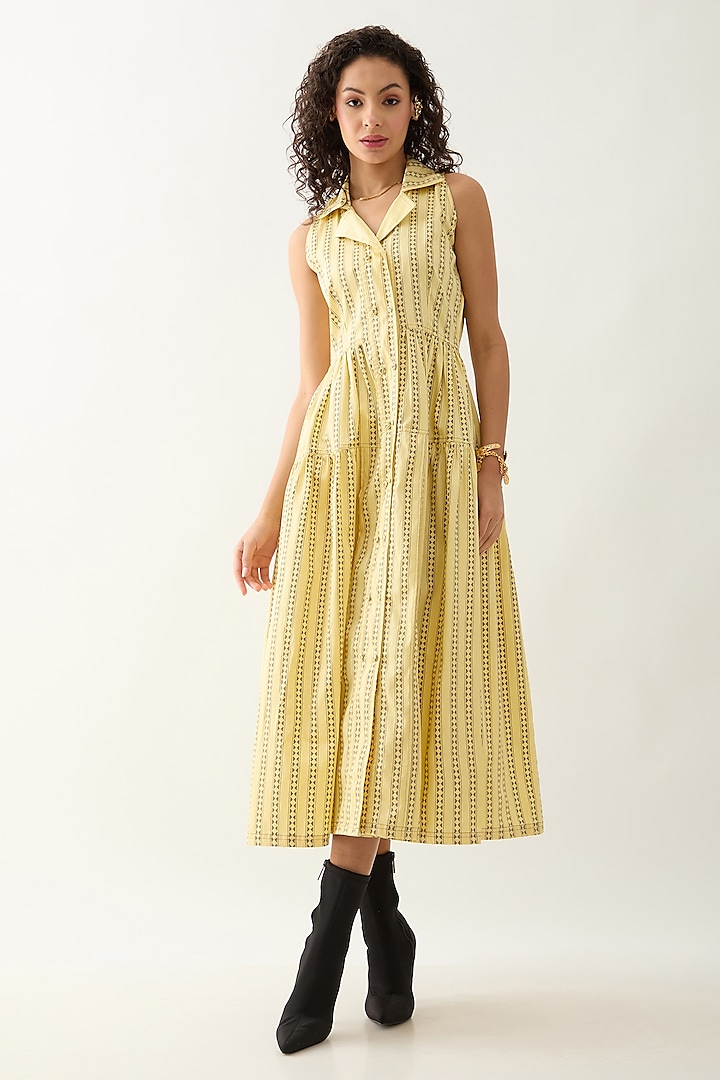 Lime & Off-White Cotton Satin Gathered Midi Summer Dress by SNOB at Pernia's Pop Up Shop