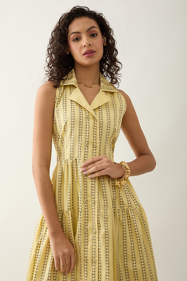 Lime & Off-White Cotton Satin Gathered Midi Summer Dress by SNOB at Pernia's Pop Up Shop