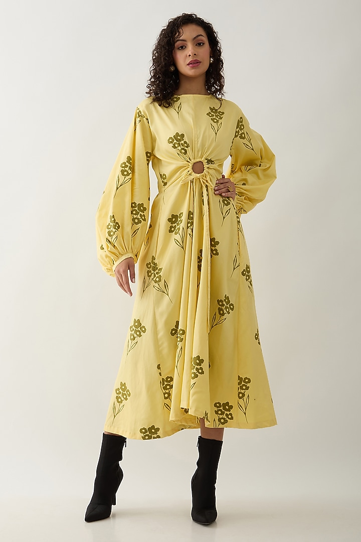 Lime Cotton Satin Printed Midi Vacation Dress by SNOB at Pernia's Pop Up Shop