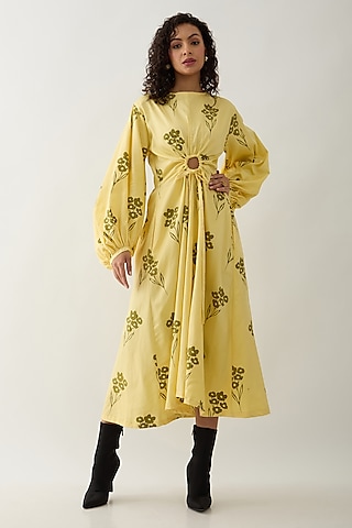 Lime Cotton Satin Printed Midi Dress by SNOB