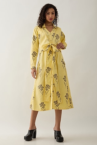 Lime Cotton Satin Printed Midi Dress by SNOB