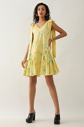 Lime Cotton Satin Printed Mini Dress by SNOB