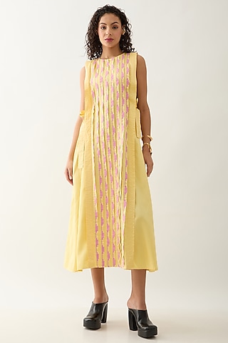 Lime Cotton Satin Printed Sleeveless Midi Dress by SNOB