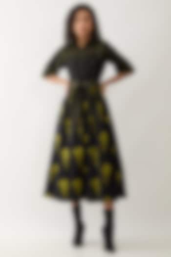 Black Cotton Satin Printed Midi Vacation Dress by SNOB at Pernia's Pop Up Shop