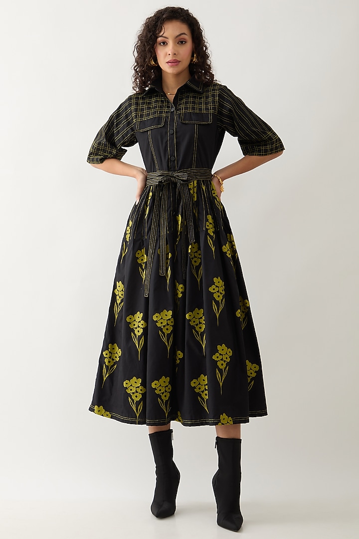 Black Cotton Satin Printed Midi Vacation Dress by SNOB at Pernia's Pop Up Shop