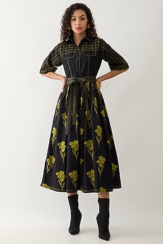 Black Cotton Satin Printed Midi Dress by SNOB