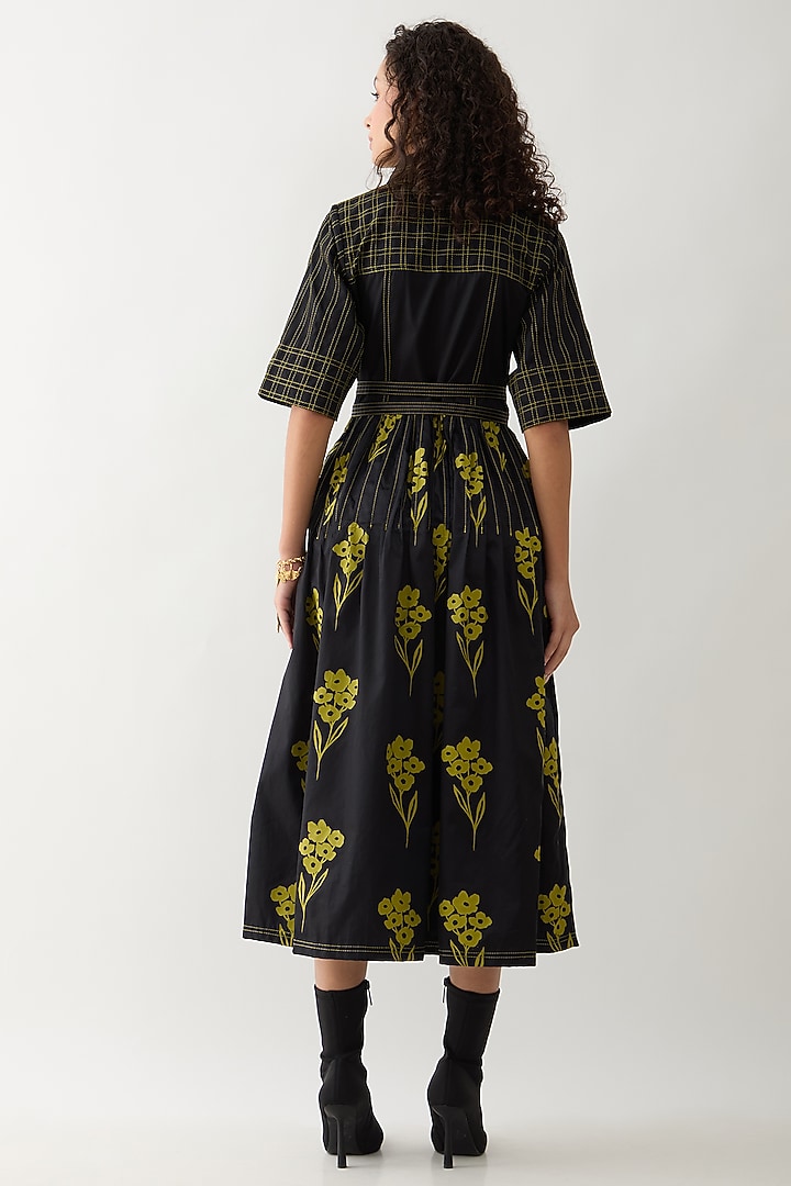 Black Cotton Satin Printed Midi Vacation Dress by SNOB at Pernia's Pop Up Shop
