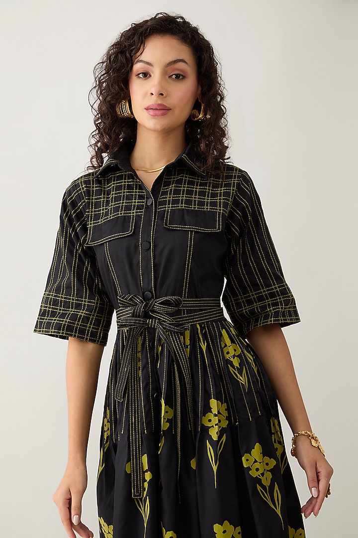 Black Cotton Satin Printed Midi Vacation Dress by SNOB at Pernia's Pop Up Shop
