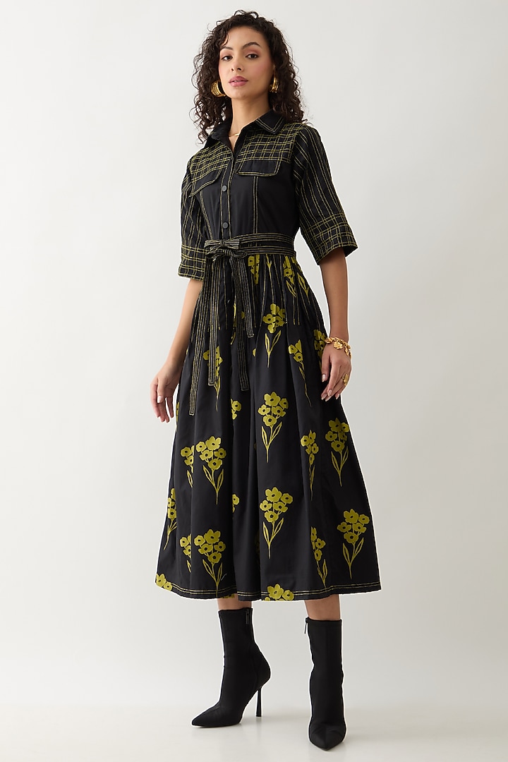 Black Cotton Satin Printed Midi Vacation Dress by SNOB at Pernia's Pop Up Shop
