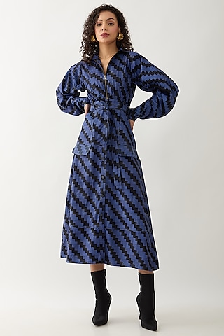 Blue & Black Cotton Satin Printed Midi Dress by SNOB
