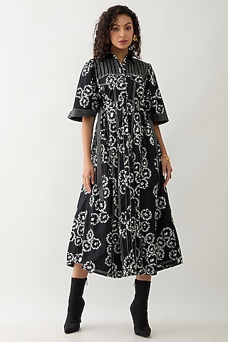 Black Cotton Satin Printed Midi Dress by SNOB
