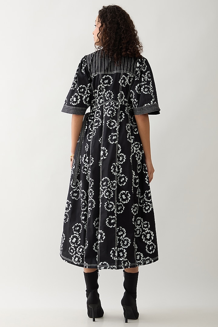 Black Cotton Satin Printed Midi Vacation Dress by SNOB at Pernia's Pop Up Shop