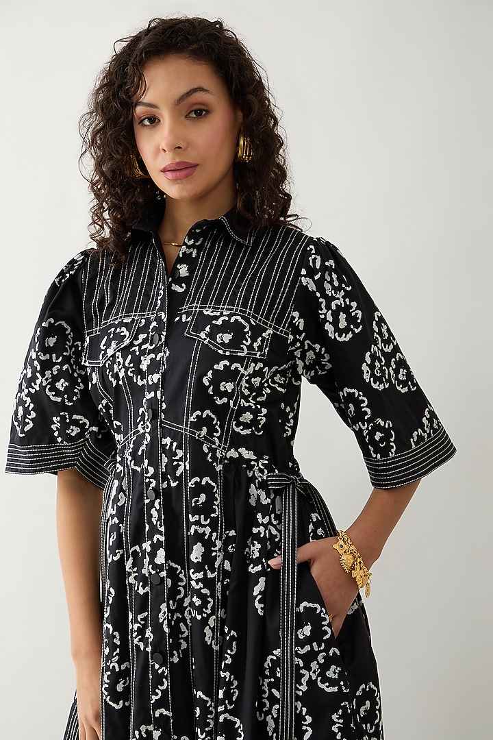 Black Cotton Satin Printed Midi Vacation Dress by SNOB at Pernia's Pop Up Shop