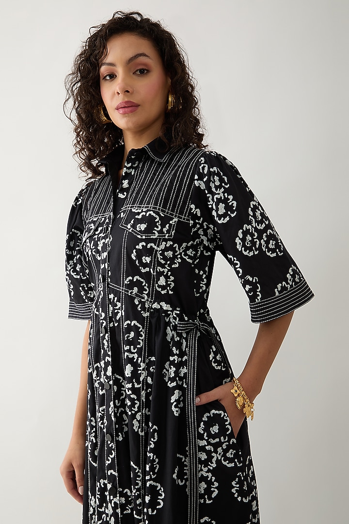 Black Cotton Satin Printed Midi Vacation Dress by SNOB at Pernia's Pop Up Shop