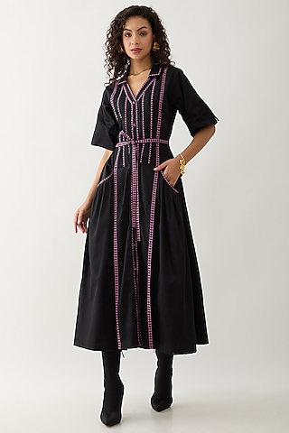 Black Cotton Satin Mosaic Printed Midi Dress by SNOB