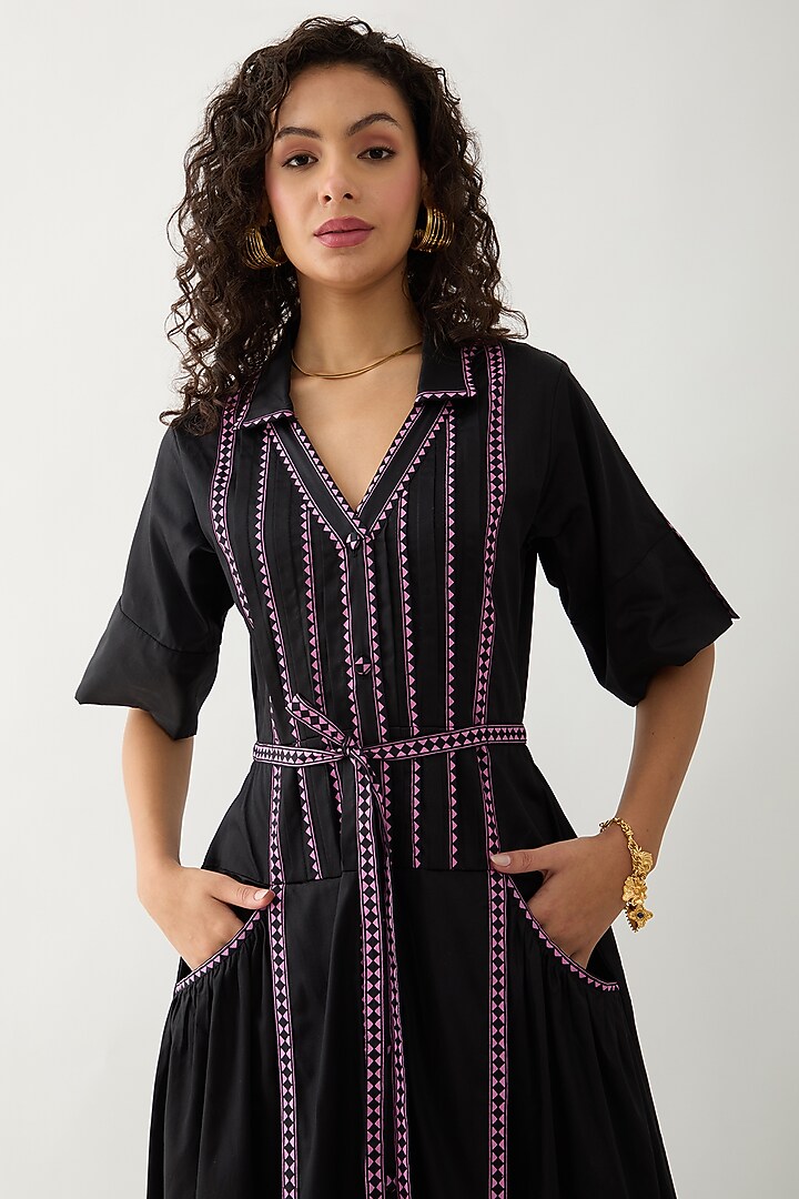 Black Cotton Satin Mosaic Printed Midi Vacation Dress by SNOB at Pernia's Pop Up Shop