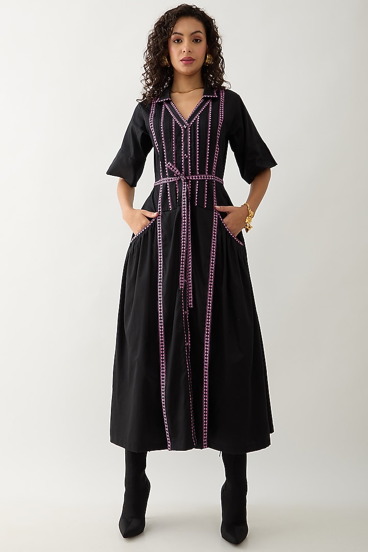 Black Cotton Satin Mosaic Printed Midi Vacation Dress by SNOB at Pernia's Pop Up Shop