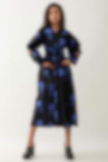 Black & Blue Cotton Satin Printed Ruffled Midi Vacation Dress by SNOB at Pernia's Pop Up Shop