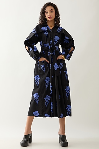 Black & Blue Cotton Satin Printed Ruffled Midi Dress by SNOB