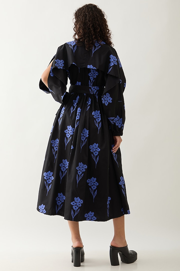 Black & Blue Cotton Satin Printed Ruffled Midi Vacation Dress by SNOB at Pernia's Pop Up Shop