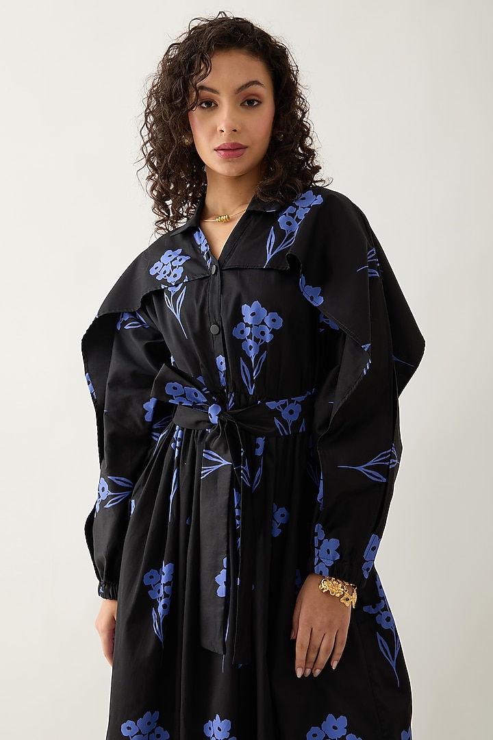 Black & Blue Cotton Satin Printed Ruffled Midi Vacation Dress by SNOB at Pernia's Pop Up Shop